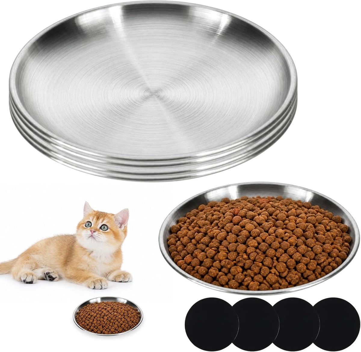 4 stuks kattenbak roestvrij staal kattenbak plat 14 cm voerbak set met siliconen mat 4 stuks antislip hygiënisch gemakkelijk te reinigen kittens korte poten kleine honden