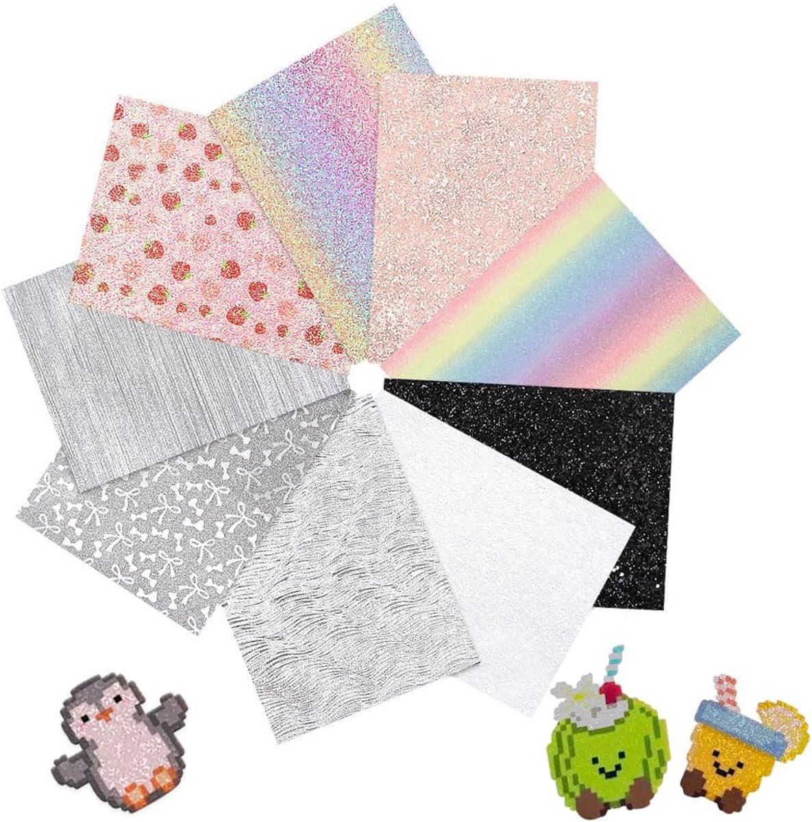 Stof voor zekering kraal kit, 9 stuks pailletten warmteoverdracht vinyl sprankelende stoffen bundels regenboog aardbei gestreepte strik glitter doek voor doe-het-zelf ambachten