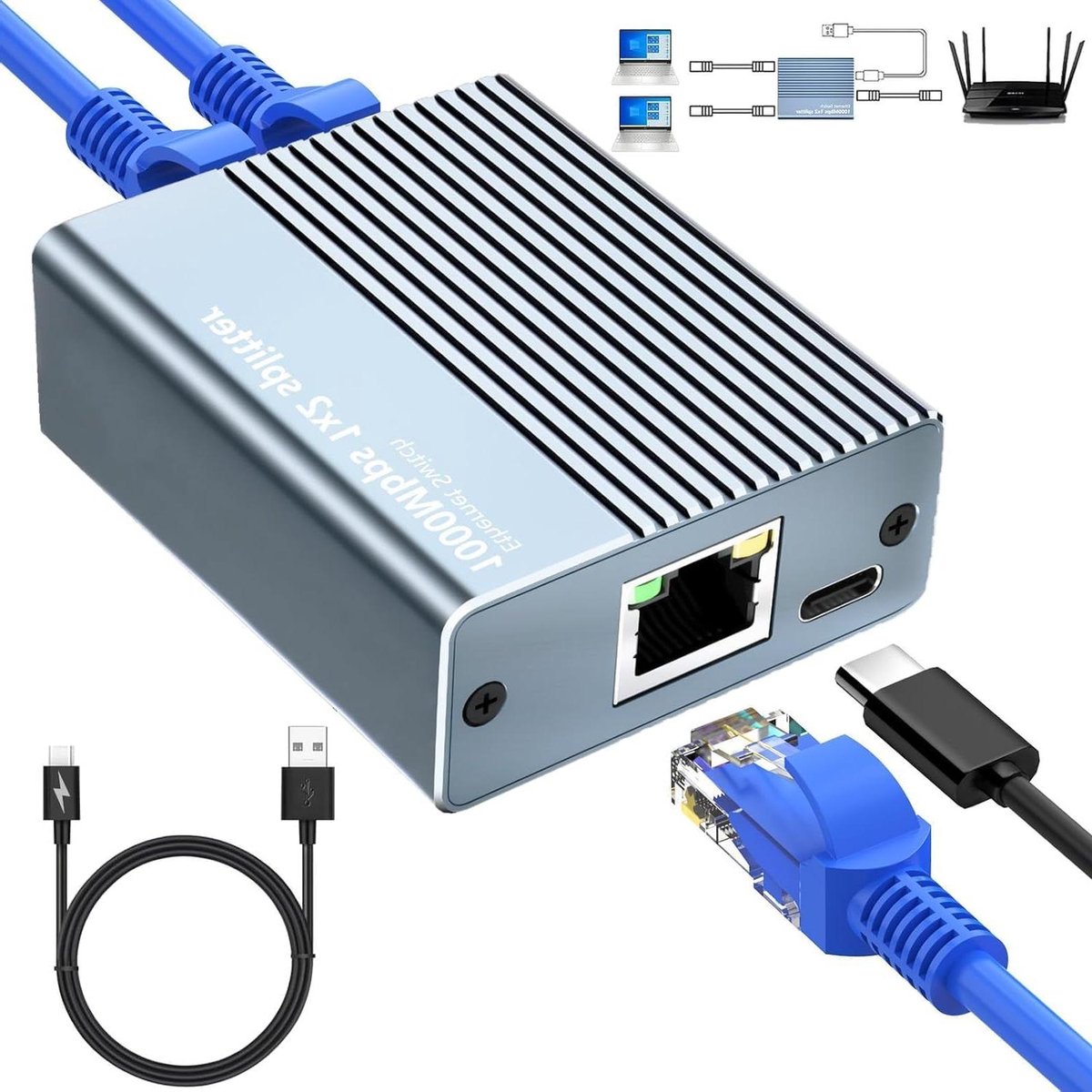 Ethernet Splitter - LAN Verdeler - Netwerk Uitbreiden - 1000 Mbps Snelheid - 1 naar 2 Poorten - Metaal