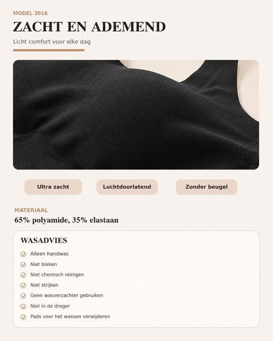 Close-up van de zachte, ademende stof van een zwarte bh. Tekst over materiaal en wasinstructies.