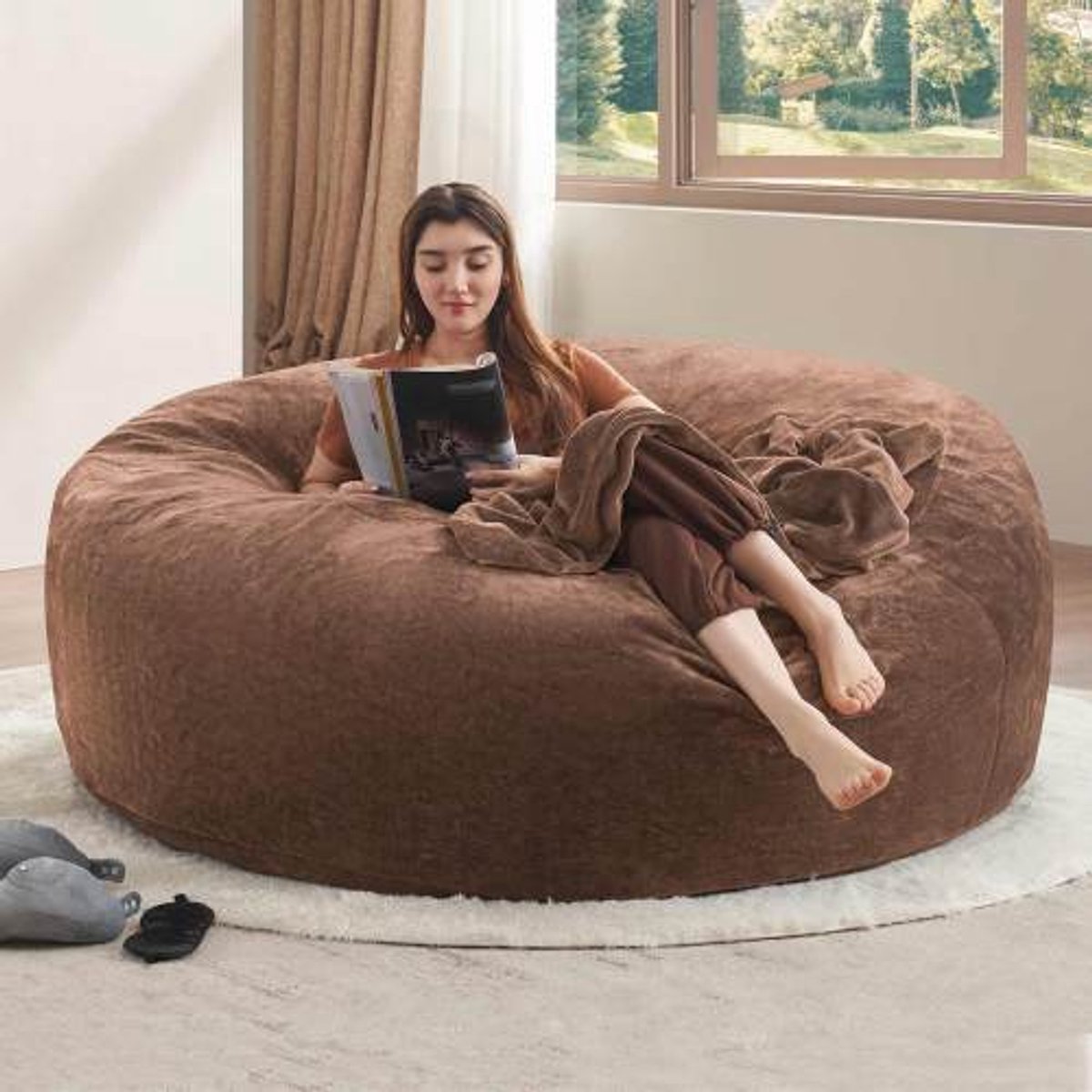 Zitzak van (6 ft), zitzakstoel, bank voor volwassenen, zachte en comfortabele leesstoel, geschikt voor slaapkamers, balkons en andere ruimtes – 150 cm - Koffie + Spons