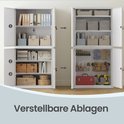 Vergelijking van een gevulde archiefkast met kantoorbenodigdheden en een identieke kast ingericht met gereedschap. Tekst: 'Verstellbare Ablagen'.