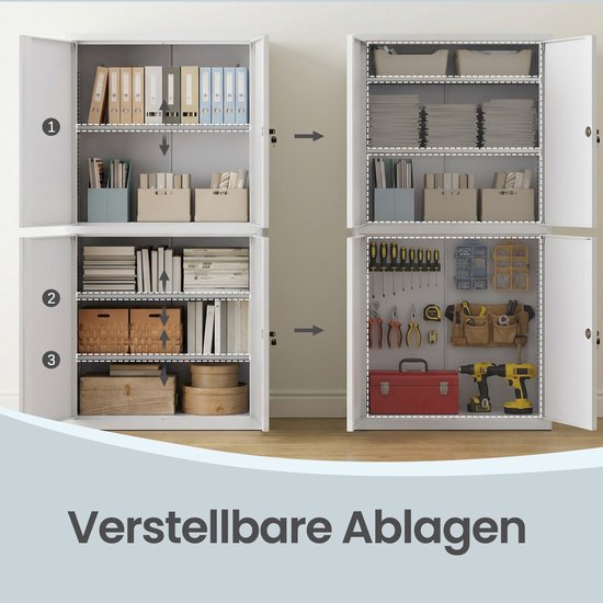 Vergelijking van een gevulde archiefkast met kantoorbenodigdheden en een identieke kast ingericht met gereedschap. Tekst: 'Verstellbare Ablagen'.