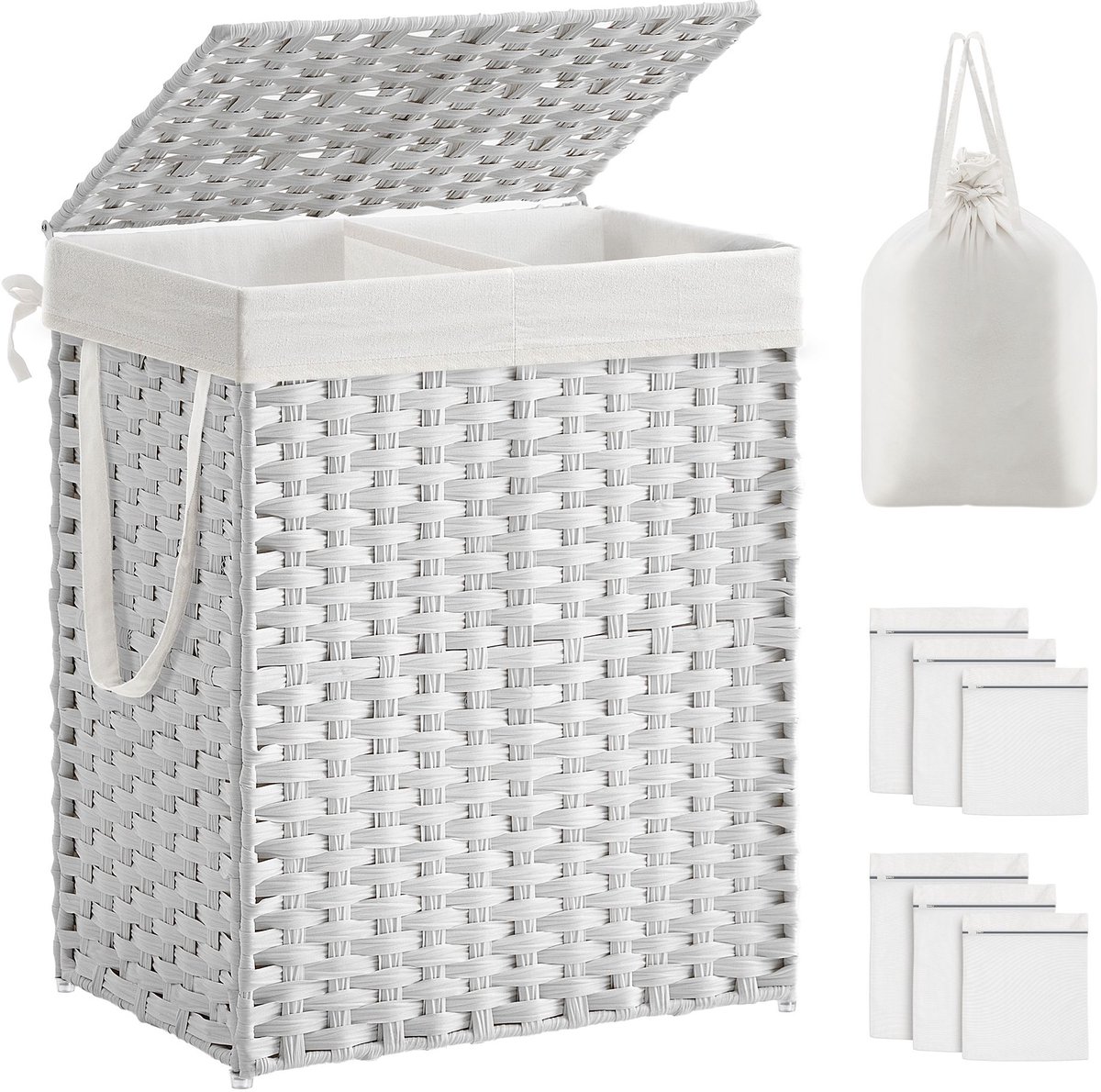 Witte wasmand – 90 liter – 2 compartimenten – handgeweven met deksel – Wit
