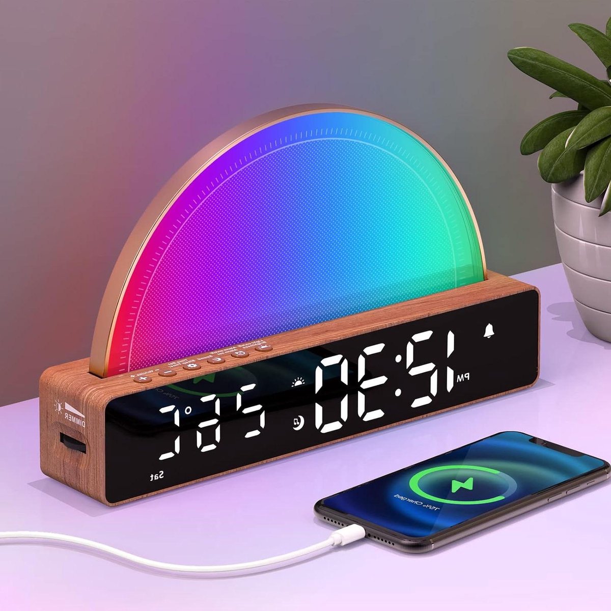 Wekker met Licht - Nachtlamp Wake-up Light - Rustig Ontwaken - 10 Slaaphulpen - Temperatuur Display - Hout Zwart