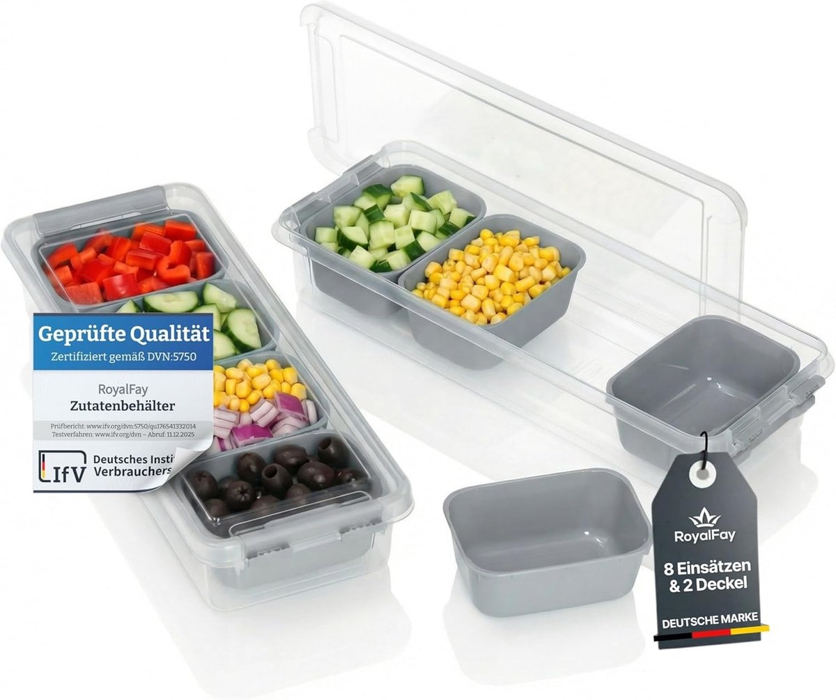 Ingrediëntenbehouder - Graniet - 14 x 36,5 x 6,2 cm - Stapelbare Opbergdoos met 8 Inzetstukken - Voor Voedselorganisatie in de Keuken