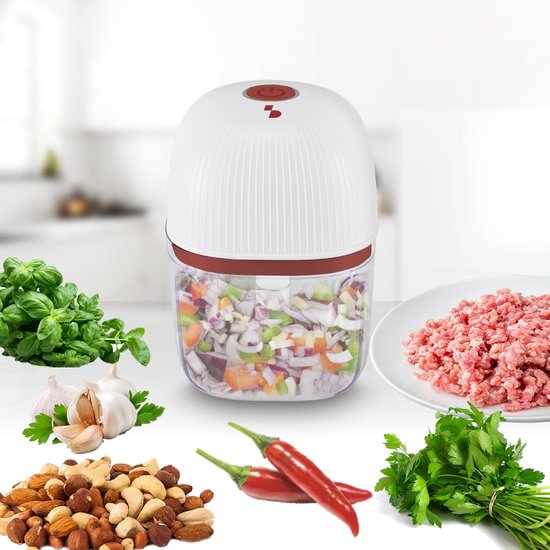 Mini Hakmachine - Keuken Chopper - Snel Ingrediënten Hakken - Draadloos Oplaadbaar - 350 ml - Rood Wit van MINI — afbeelding 3
