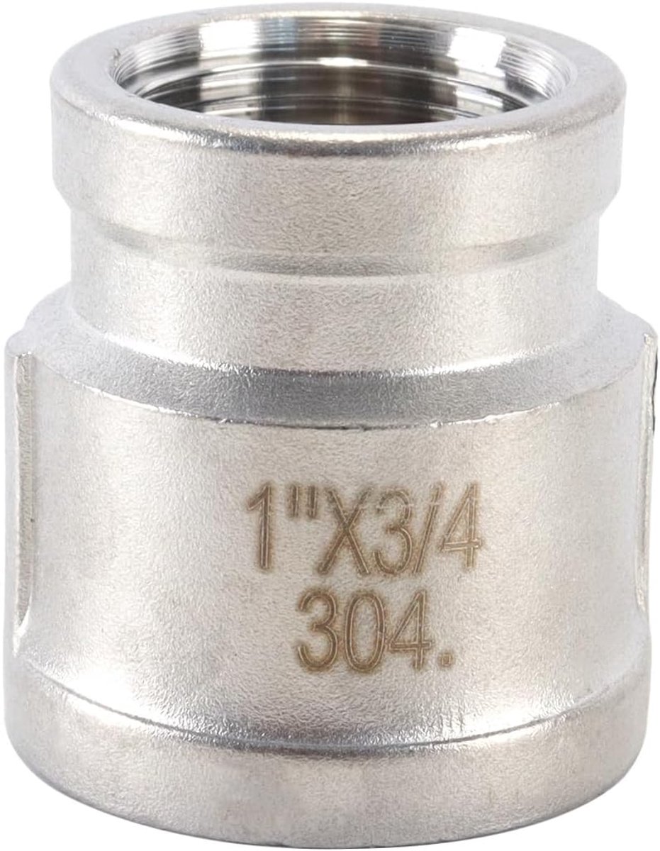 304 RVS verloopstuk, 1" binnendraad x 3/4" BSP binnendraad, pijpfittingen voor water-, lucht- en brandstofleidingen