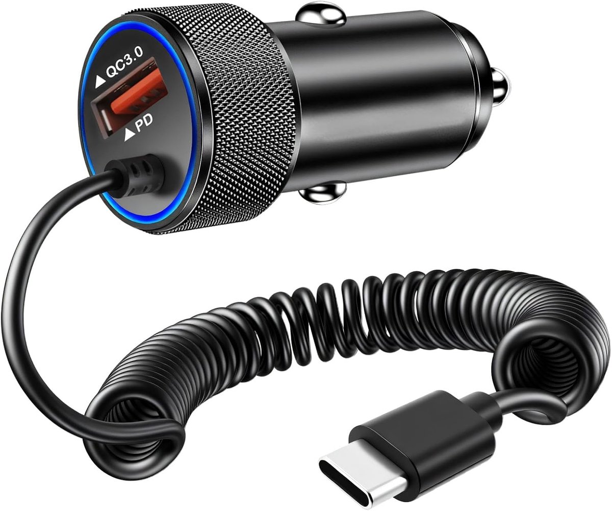 sigarettenaanstekeradapter, 3,4 A snelle autolader 1,2 m spiraalkabel | USB C snellader voor Samsung Galaxy S25 Ultra/S24/S23/A56 5G/A55/A54, iPhone 17/16/15 UVM.