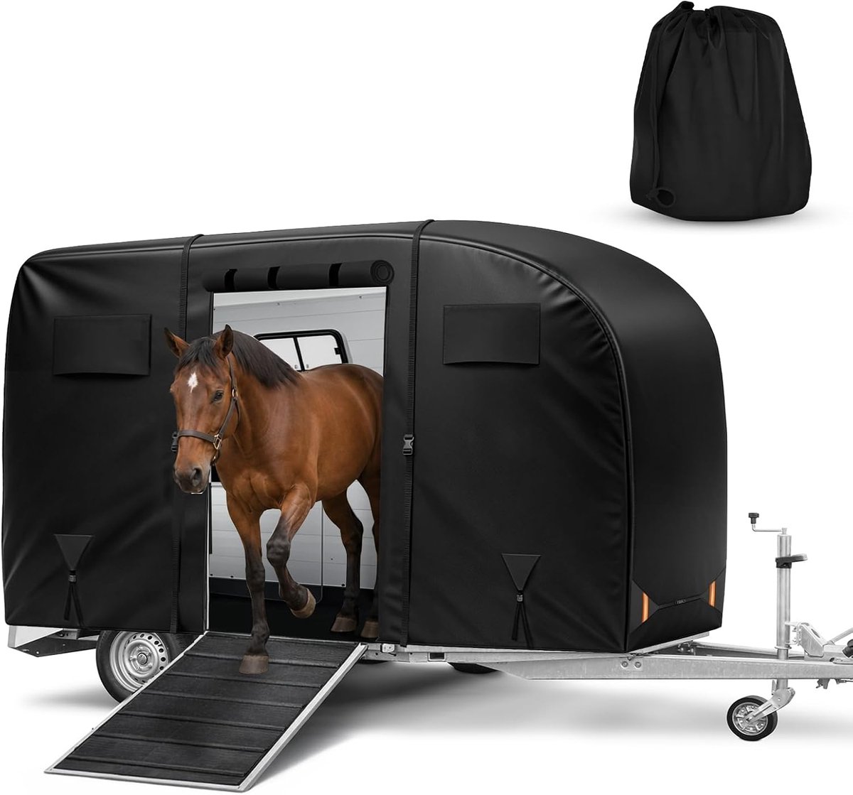 zwaar weefsel afdekzeil voor paardenaanhangers, universele paardenaanhangerbeschermhoes voor dubbele paardenaanhangers tot 3,8 m, rechterdeuropening (L380 x B205 x H205 cm)