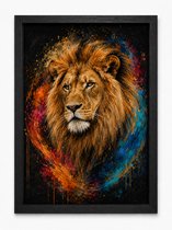 Leeuw Poster Kleurrijk | Dierenposter in Art Style | Wanddecoratie Woonkamer | Inclusief Zwarte A4 Lijst