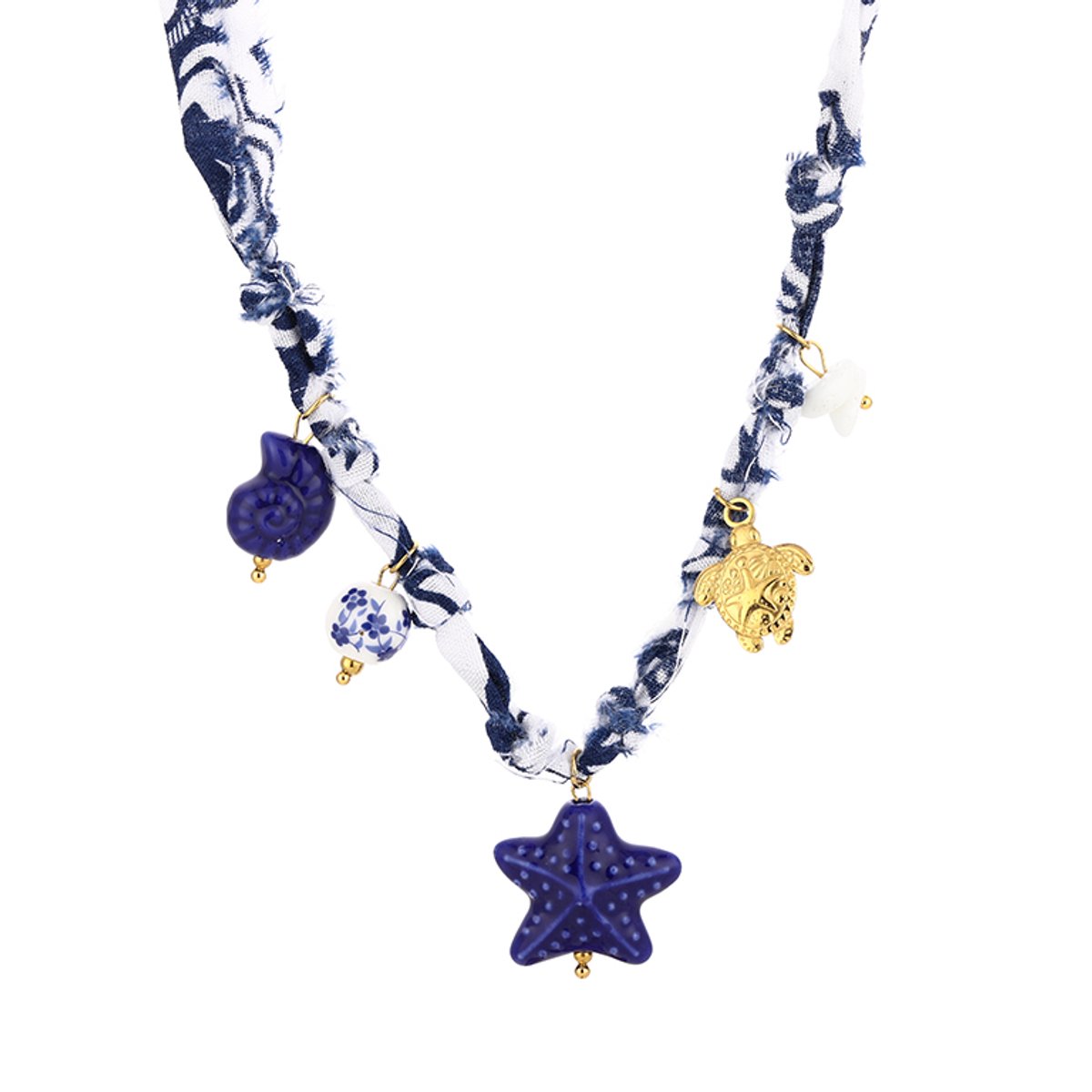 Gevlochten Stof- en Cordonketting met Zee Bedels – Bedel Ketting Strand - Beach – RVS - Blauw