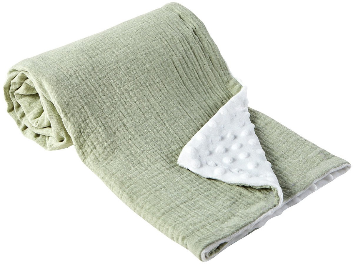 Babydeken van katoengaren, 75 x 100 cm, pasgeboren deken, 100% puur katoen en fleece, multifunctioneel dubbelzijdig babydoopcadeau, geschikt voor kinderwagens, als troostdeken of babywikkeldeken,groente
