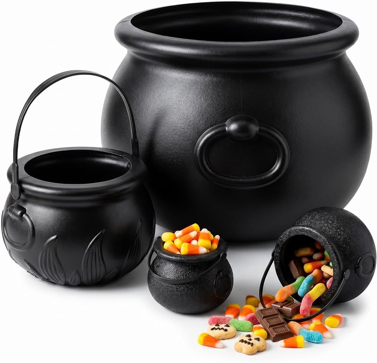 Ulisem - Halloween ketel - 4 stuks plastic heksenketel in 7/14/20 cm - Miniatuur en groot formaat - Met stevig handvat - Geschikt voor trick or treat en goodiebags - Ook als decoratie en plantenpot - Herbruikbaar en stapelbaar - Zwart