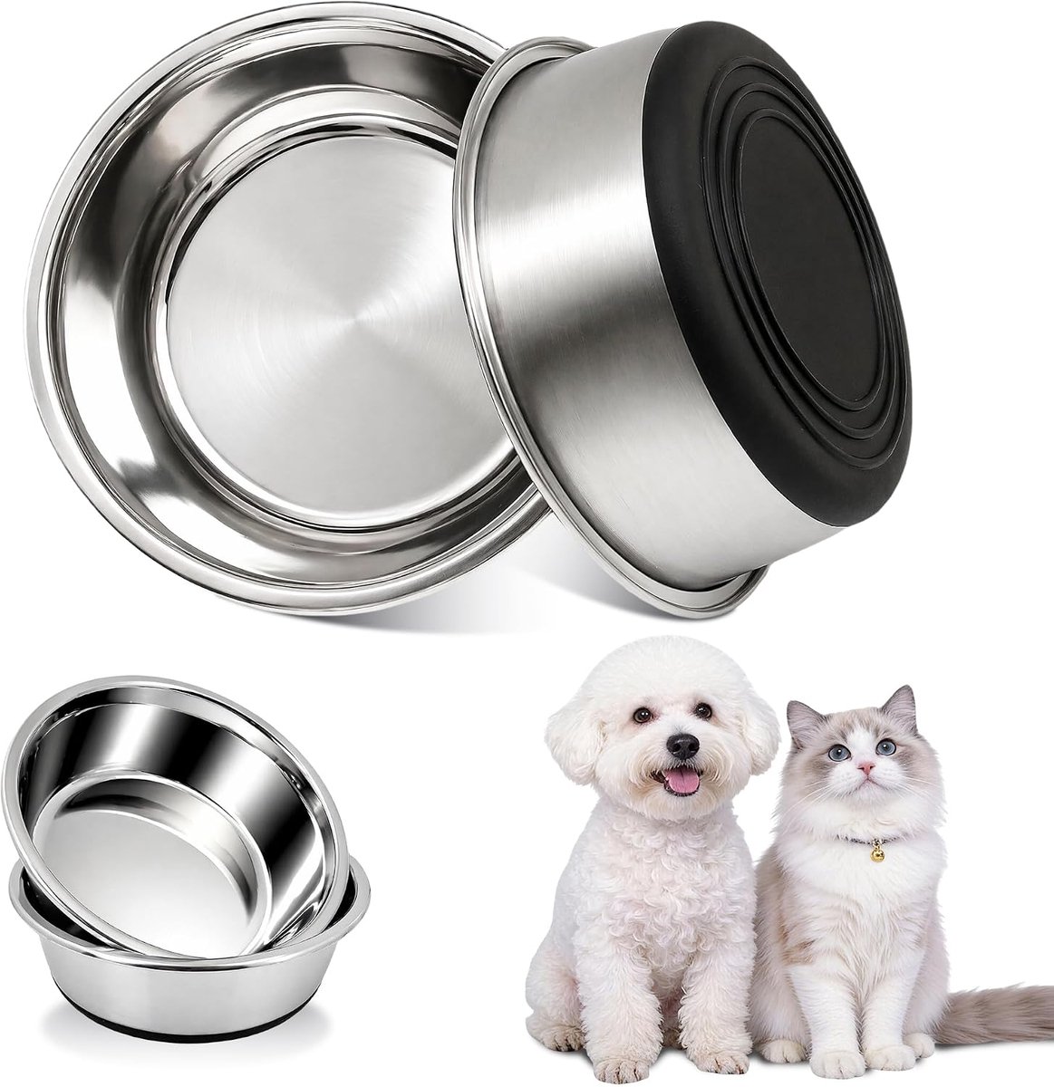 KZQ Roestvrijstalen honden- en kattenbak set van 2 stuks, diameter 14 cm, geschikt voor voer en water, met antislip rubberen onderkant, stabiel en duurzaam voor kleinere huisdieren