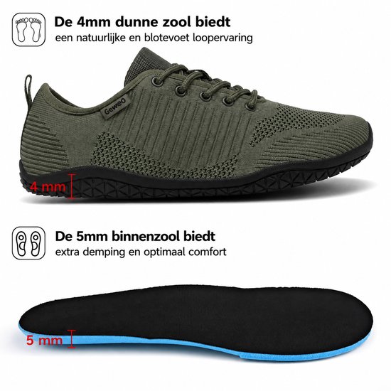 Militaire groene sportschoen, zijkant en de 5mm binnenzool met blauwe rand. Tekst: De 4mm dunne zool biedt een natuurlijke en blotevoet loopervaring, De 5mm binnenzool biedt extra demping en optimaal comfort.