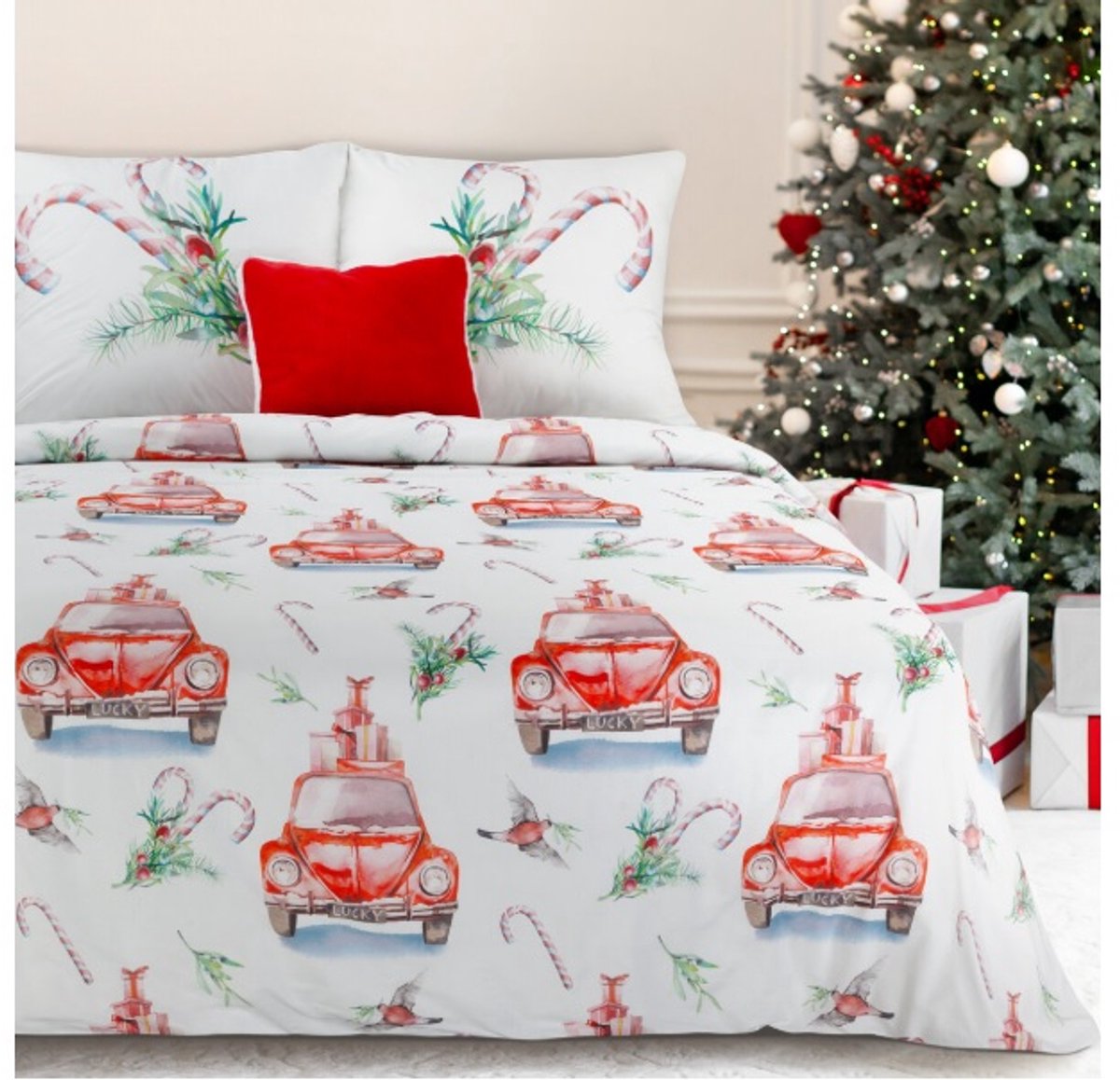 Kerstbeddengoed van microvezel met auto-motief - 140 cm x 200 cm + één kussenslop van 70 cm x 80 cm - Merry Christmas - Kers - Dekbedovertrek PTR-03