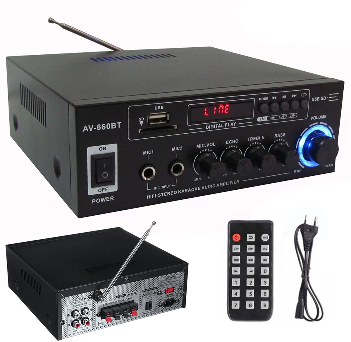 Hi-Fi-versterker - Met Bluetooth 5.0 en afstandsbediening - 12V - Auto- en thuisversterker - Hi-Fi Bluetooth-versterker - Dubbele microfooningangen - Zwart thumbnail 6