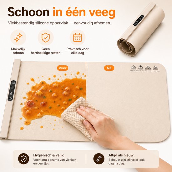 Bobypet - Warmhoudmat - Elektrische warmhoudplaat - Siliconen warmhoudmat - Instelbare temperatuur - Snel verwarmend - Opvouwbaar - Voor buffet, alledaags,feestjes en Vakantie - 60*38cm - Kaki — afbeelding 4