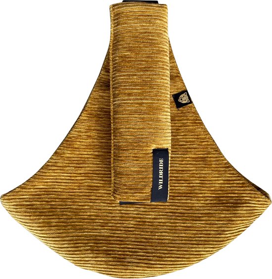Gouden ribfluwelen draagzak met 'WILDRIDE' label en logo.