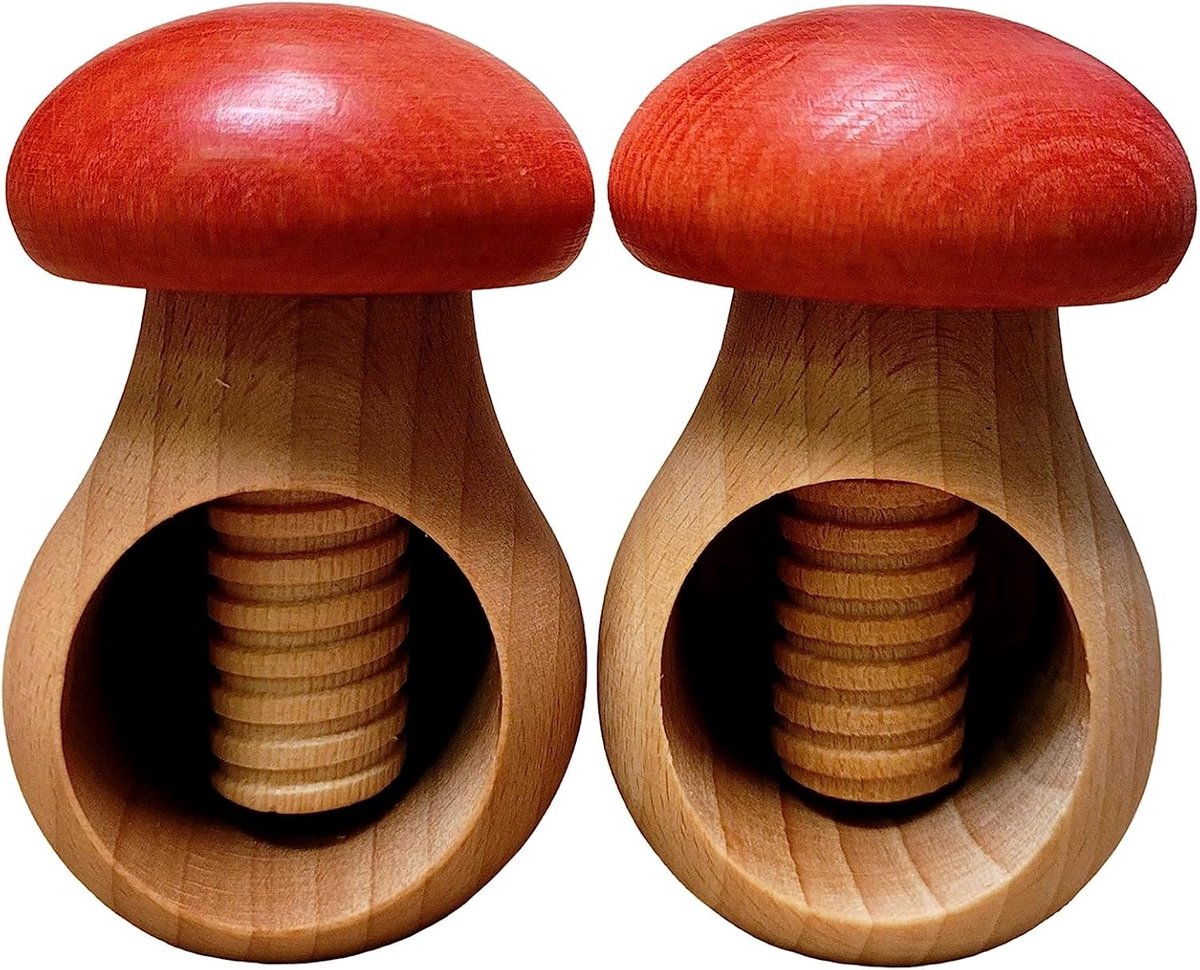 SnelShoppen - 2x Notenkraker van Natuurlijke Beukenhout - Zeer Stevig, Paddenstoelen Rood, Handgemaakt, Ideaal voor Keuken en Feest