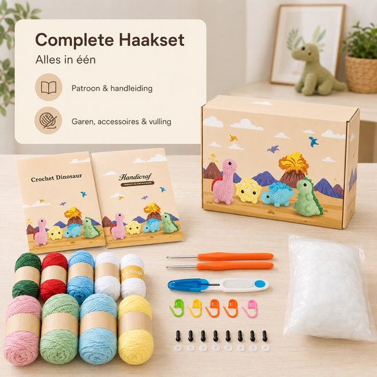 Complete haakset met garen in verschillende kleuren, patronen, haaknaalden en vulling.
