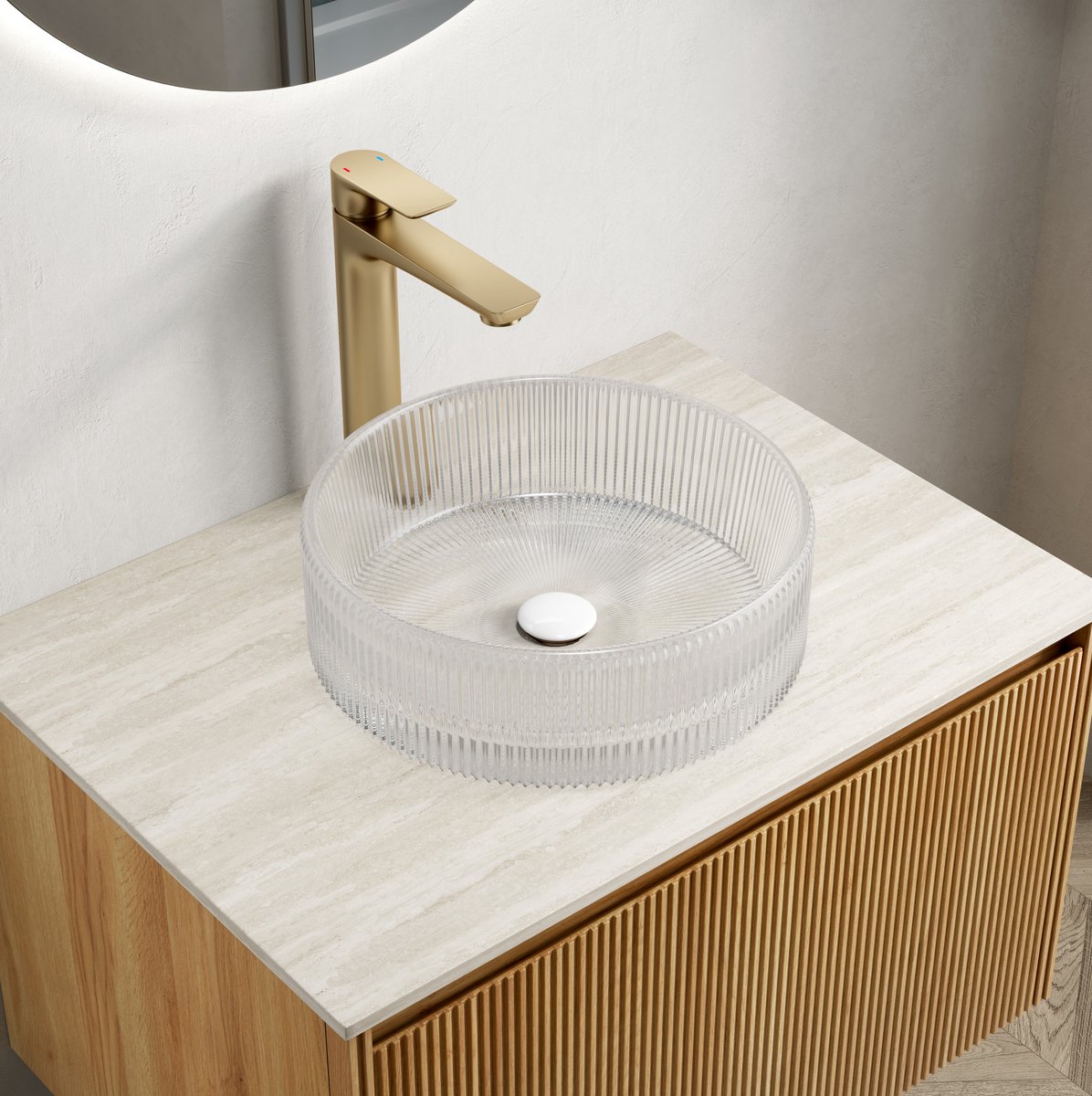 REDOM - Waskom - Rond - Opbouwmontage - Zonder kraan - Glas met kunstzinnige strepen - Badkamer - Glas - Transparent - 36 cm