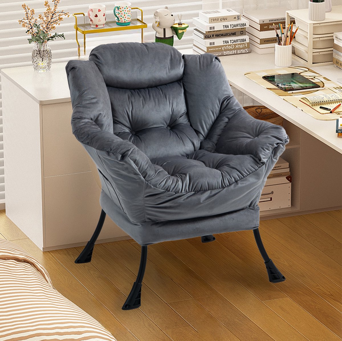 REDOM - Fauteuil - Relaxstoel met metalen frame en armleuningen - Zacht gestoffeerd - Scandinavisch & Basic - Woonkamer, slaapkamer, balkon of tuin - Stof en metaal - Donkergrijs - 81 x 95 x 40 x 49 cm