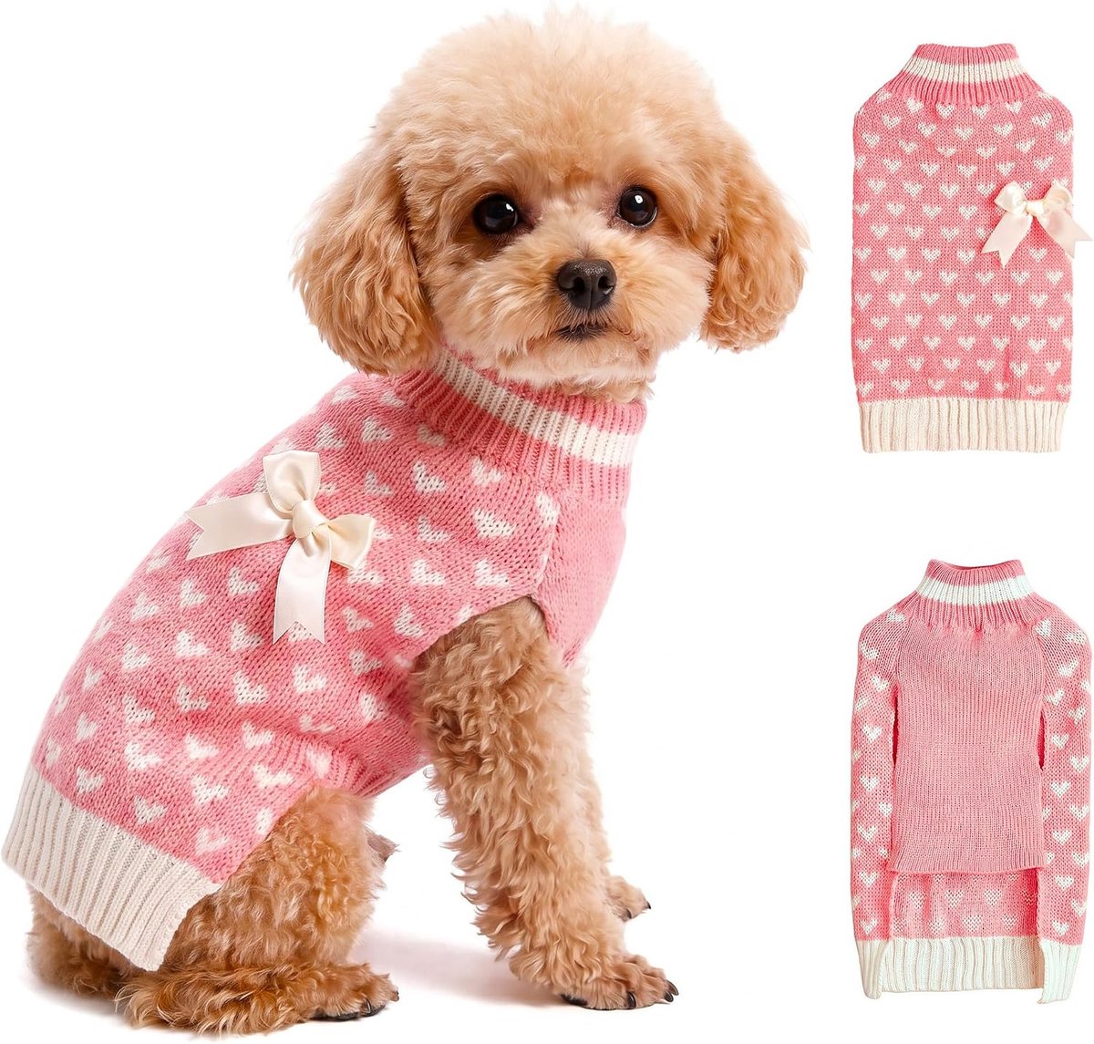 Hondentrui met Hart, Roze Gebreide Hondentrui voor Kleine Honden, Katten Trui voor Valentijnsdag, Zachte Warme Hondenkleding met Strikje