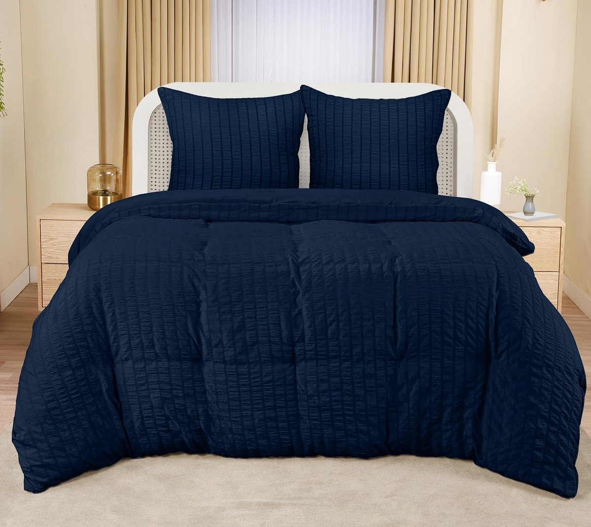 Bedding Seersucker Dekbedovertrekset - Microvezel Polyester Dekbedovertrek 240x260 cm + 2 Kussenslopen 65x65 cm - Marineblauw
