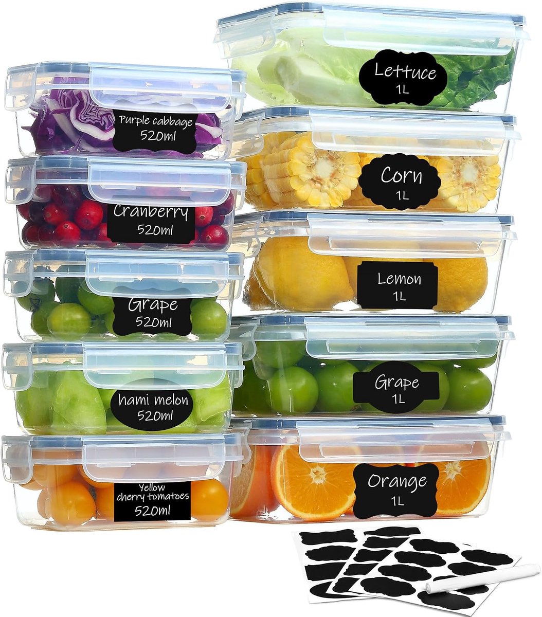 Luchtdichte voedselcontainers met deksel, 5 x 1 l + 5 x 520 ml, BPA-vrij, voor meal prep, vriezer, magnetron, vaatwasser, stapelbaar, 10 stuks