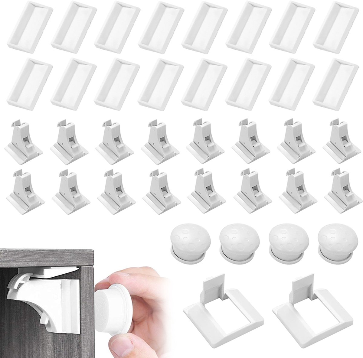 Magnetisch kastslot - Kindveilig ladeslot - Onzichtbaar veiligheidsslot voor keukens en lades - Geen boren nodig - Inclusief 4 paddenstoelvormige sleutels, 4 sleutelhouders, 2 extra montagebeugels, 16 slotcilinders en bodemvergrendelingen - Wit