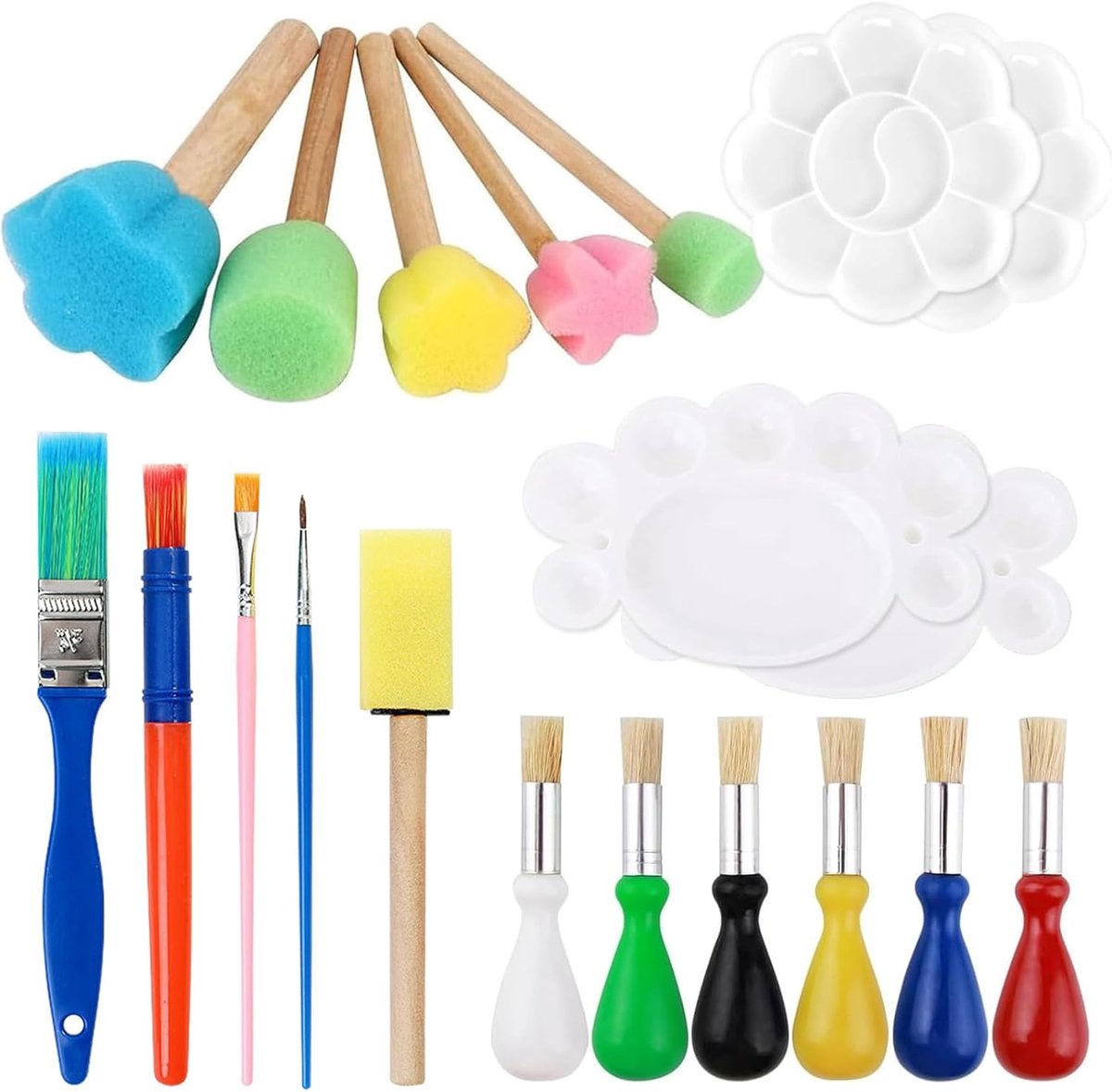 Set van 20 penselen met schilderpalet, acrylpenselen, aquarelpenselen, spons, universele penselen, voor beginners, schilderactiviteiten en schoolprojecten