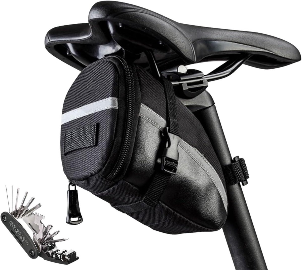 Fietszadeltas met Multitool - Fietstas onder zadel - Fietsreparatie onderweg - Reflecterend en waterafstotend - 12 Liter - Zwart
