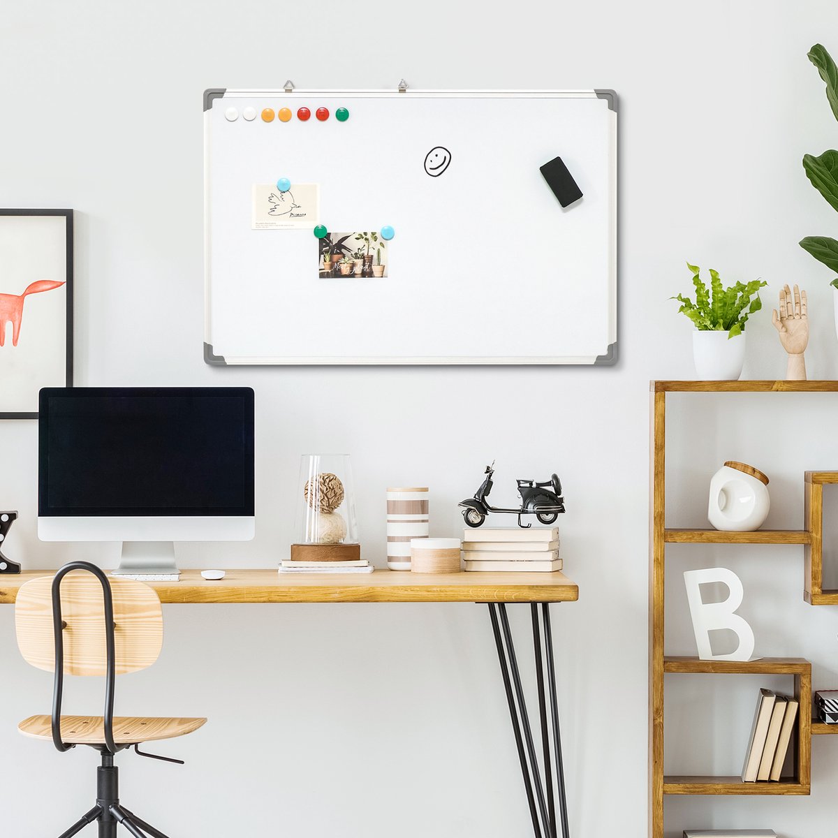 Magnetisch hiteboard met aluminium frame, ca. 90 x 60 cm, inclusief markeerstiften, gummen en magneten, geschikt voor wandmontage, ideaal voor kantoor en thuis