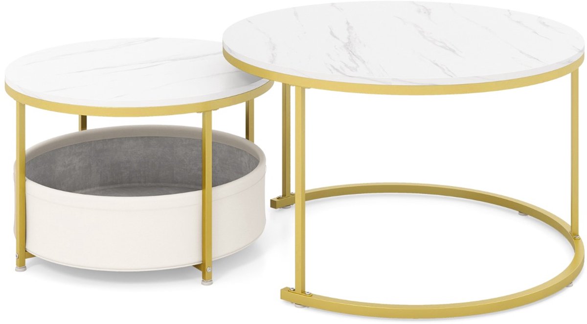 SureDeal® - Salontafel - Tweedelige Salontafelset Nestbare - Geweven Stoffen Manden - Goud - 80x80x48,5 cm - Wit
