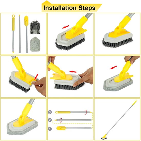 Badkamer Schoonmaakborstel - Tegelreiniger Douche - Hygiënisch Schoonmaken - Verstelbare Telescoopsteel - 128 cm - Geel Grijs — afbeelding 3