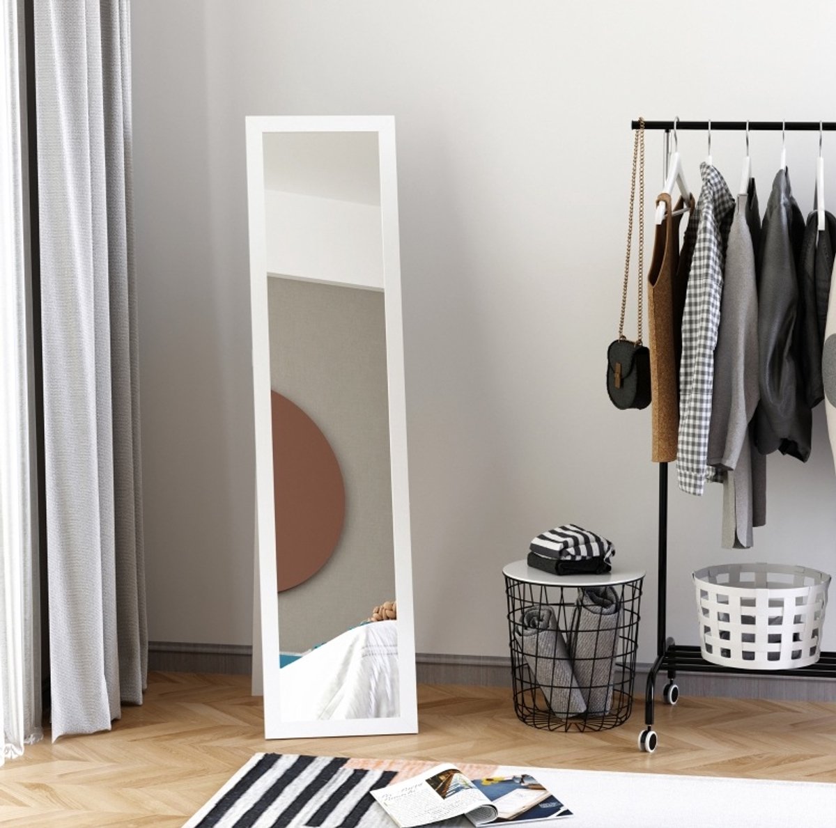 MODFU - Passpiegel - Staand Of Wandmontage - Rechthoek - MDF En Glas - Wit - 154 Cm