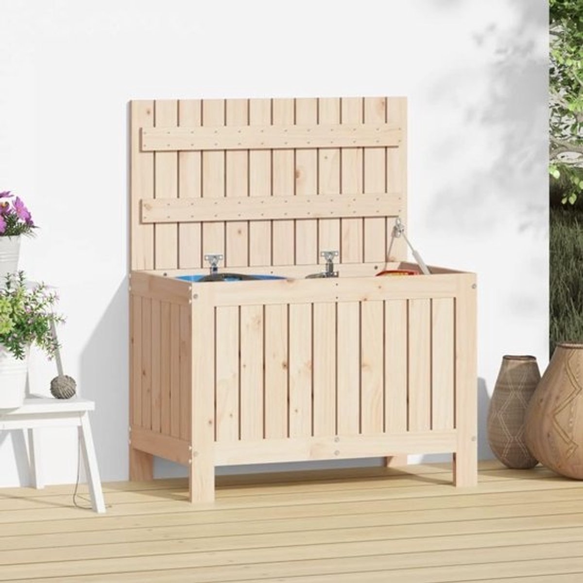 Houten Tuinbox - Opbergkist Buiten - Tuinspullen Opbergen - Massief Grenenhout - 76 x 425 x 54 cm - Bruin