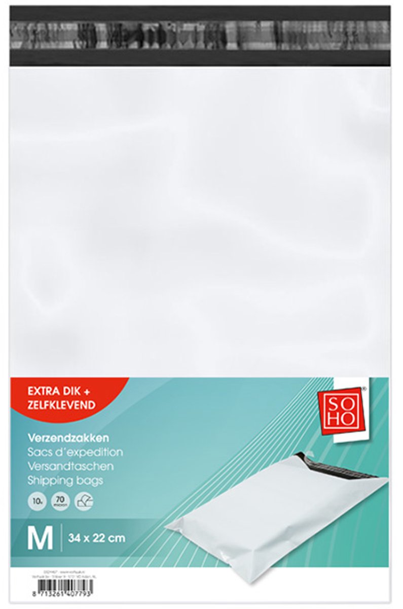 SOHO Verzendzakken Zelfklevend M – 34 x 22 cm – 12 x 10 Stuks – Sterke en Lichtgewicht Verzendzakken 70 Micron