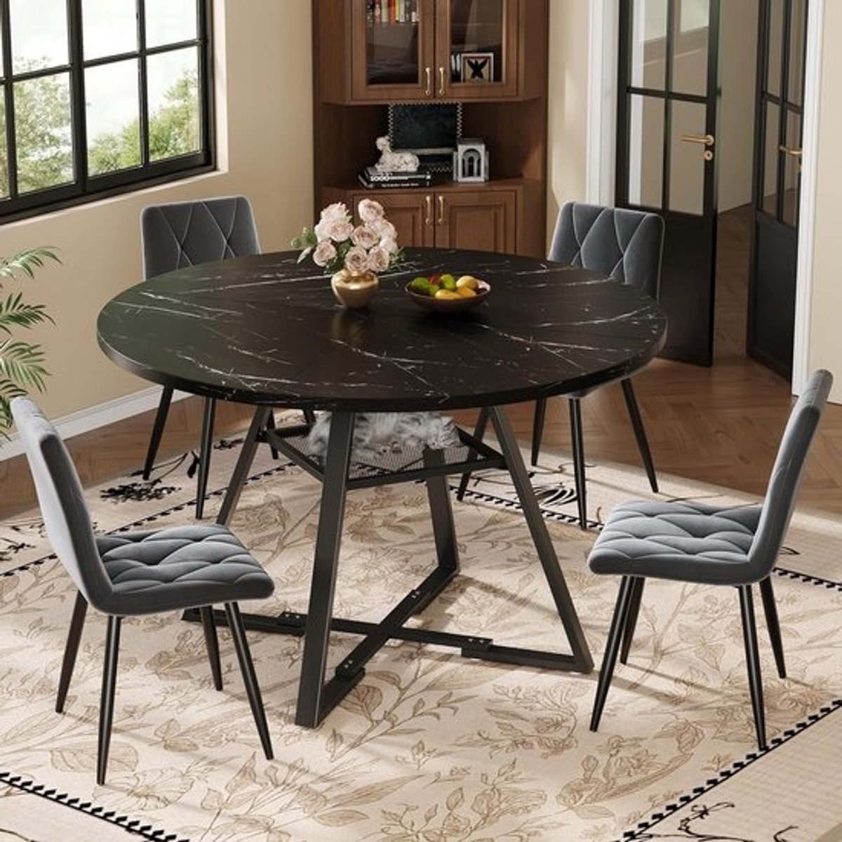 Ronde Eettafel - Keukentafel Ontbijttafel - Gezellig Tafelen - Marmerlook Tafelblad - 120x75cm - Zwart