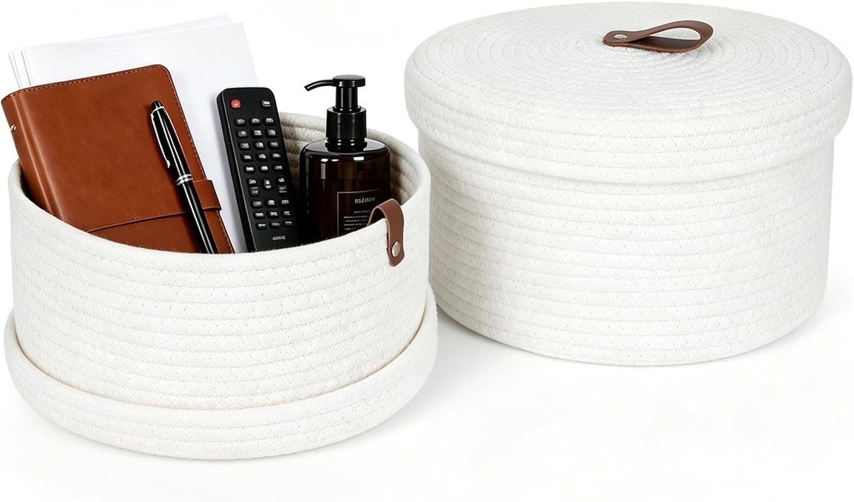 Set van 2 Opbergmanden met Deksel, Ronde Katoenen Rieten Mand, Handvat, Organizer voor Speelgoed, Kinderkamer, Woonkamer en Badkamer, Decoratieve Opbergoplossing