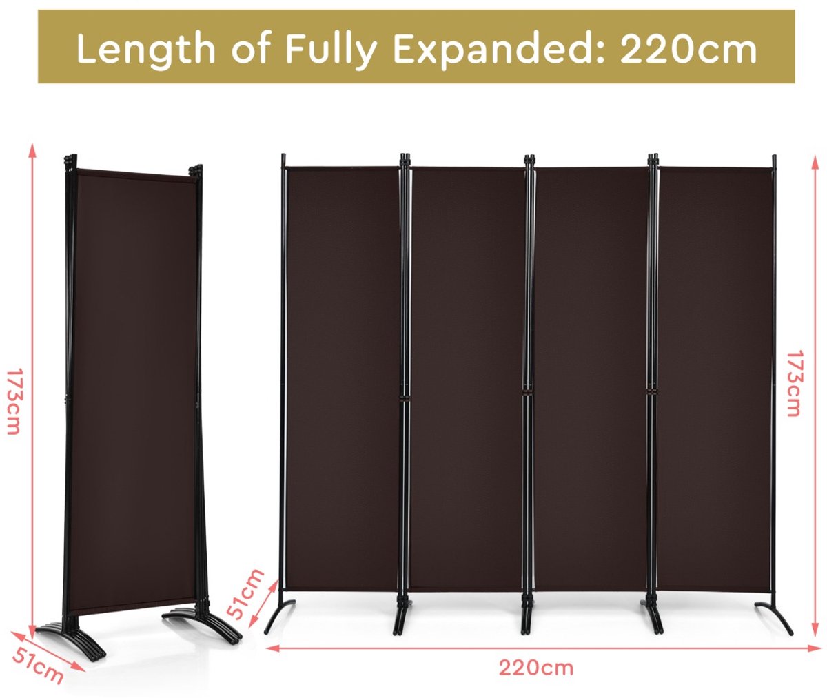 SureDeal® - Kamerscherm - Metalen Opvouwbare Binnenwand - Stabiele Voeten Binnenwand - Thuis - Kantoor - 220x51x173 cm - Koffiebruin