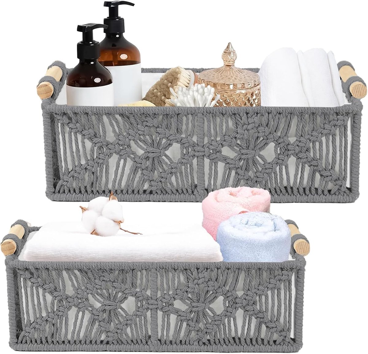 Handgemaakte Macrame Opbergmanden, Bohemian Decoratie, Geweven Box met Handvat, Perfect voor Badkamer, Slaapkamer en Woonkamer, Grijs Kleurenschema