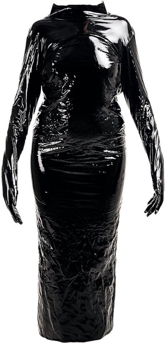 Sexy Lange Wetlook Jurk met Lange Mouwen en Handschoenen voor Dames - Strakke Glanzende Party Dress