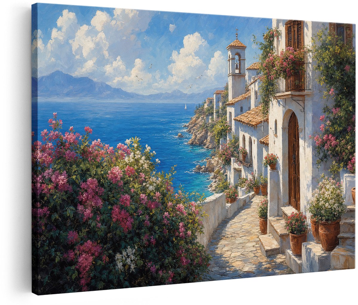 Artaza Canvas Schilderij Grieks Kustdorp Met Bloemen - Zee en Zomerse Sfeer - 150x100 cm - Groot - Wanddecoratie Woonkamer - Schilderijen - Muurdecoratie