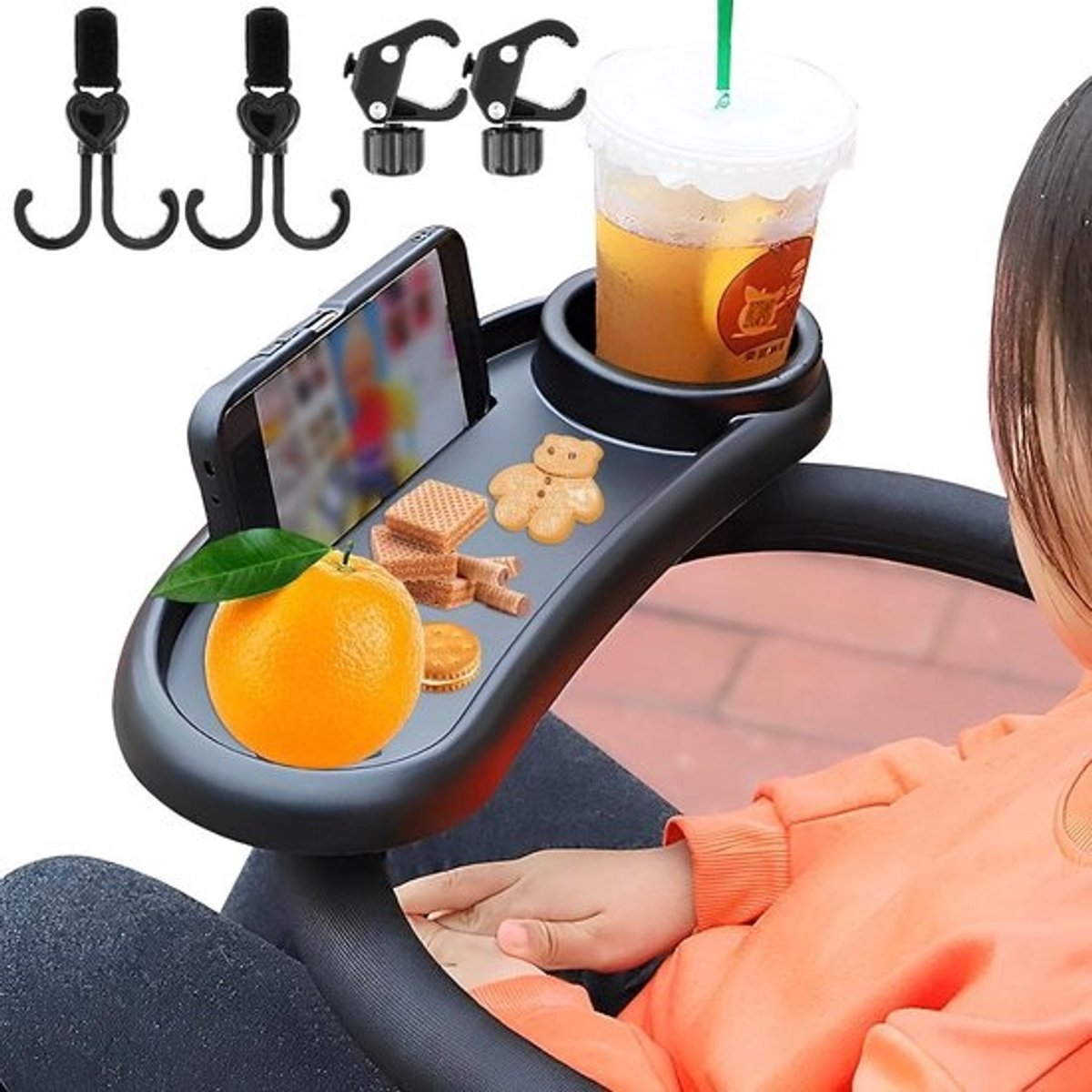 Multifunctionele kinderwagen organizer met snackbak en bekerhouder