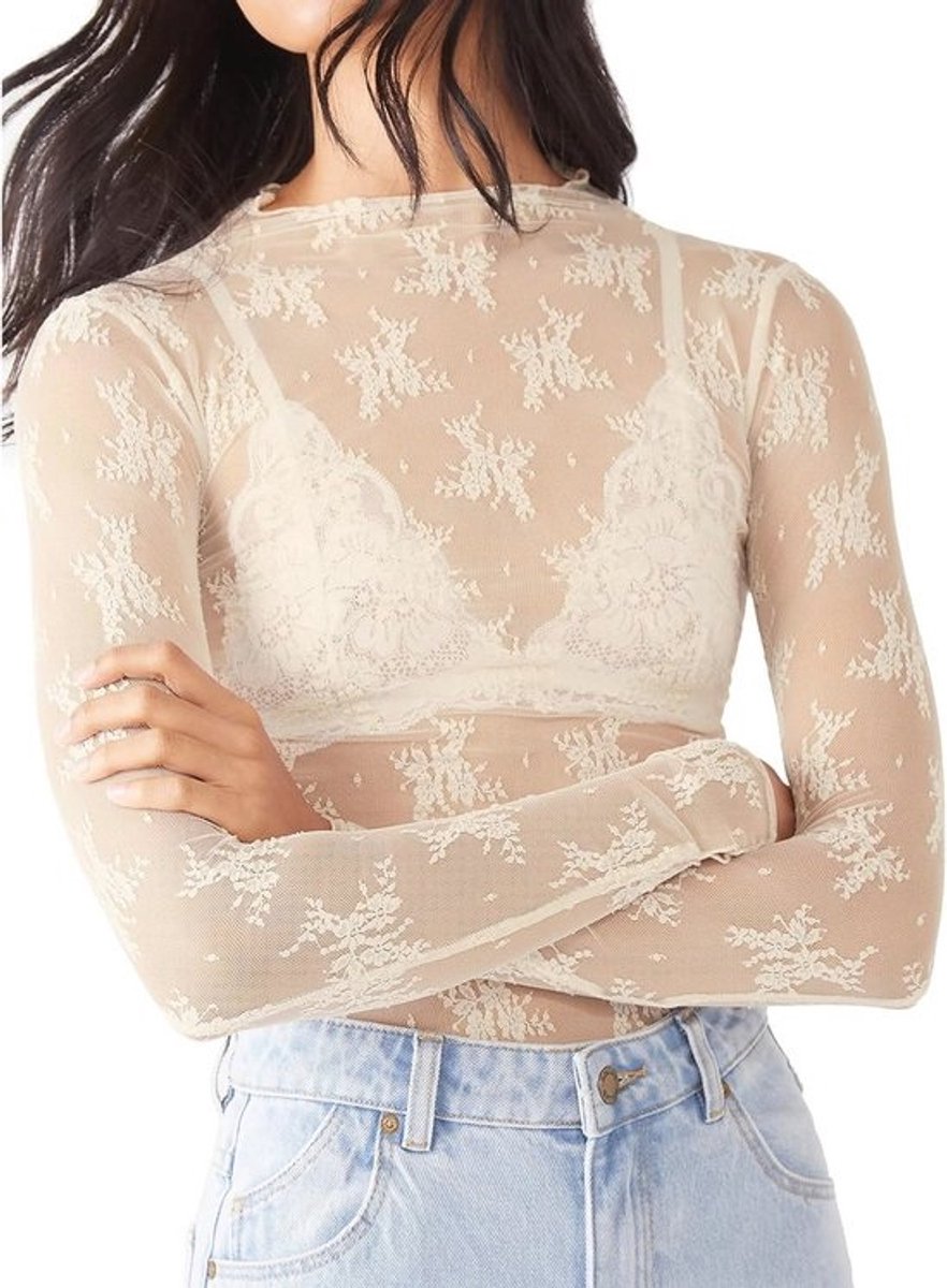 Transparant Chic Dames T-shirt met Lange Mouwen - Crop Top met Hoge Kraag voor Avond en Clubwear
