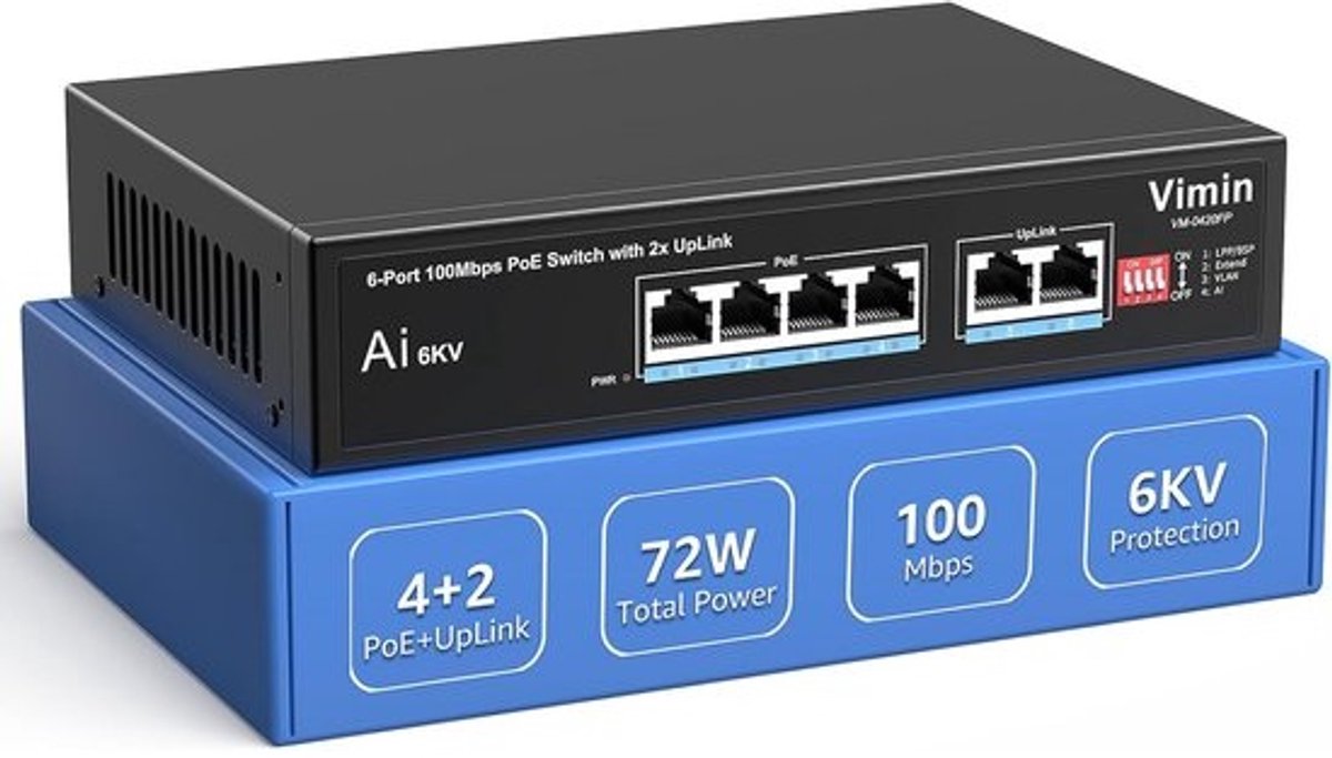 16-poorts PoE-switch met 2 uplink gigabit poorten en 1 SFP - Onbeheerd 10/100Mbps netwerk met AI Watchdog en VLAN