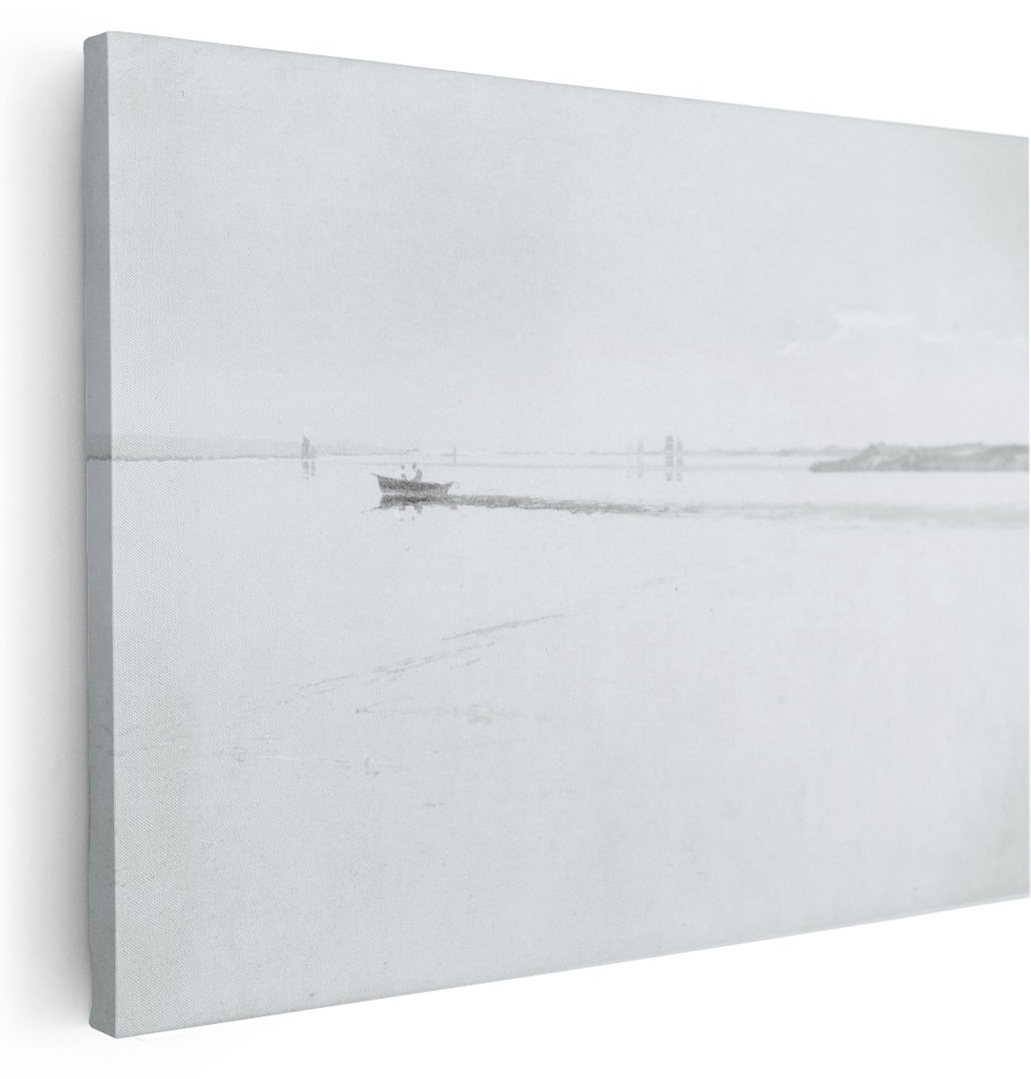 Artaza Canvas Schilderij Landschap Rivier - 160x120 cm - Groot - Wanddecoratie Roeiboot - Muurdecoratie Minimalistisch - Vintage Kamer Accessoires